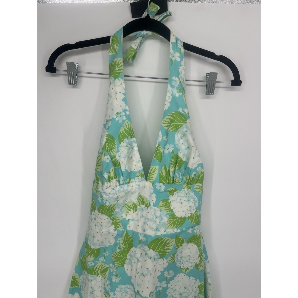Anthropologie Eva Franco Women's Green Blue Floral Halter Knee Length Dress 2 - Picture 3 of 8